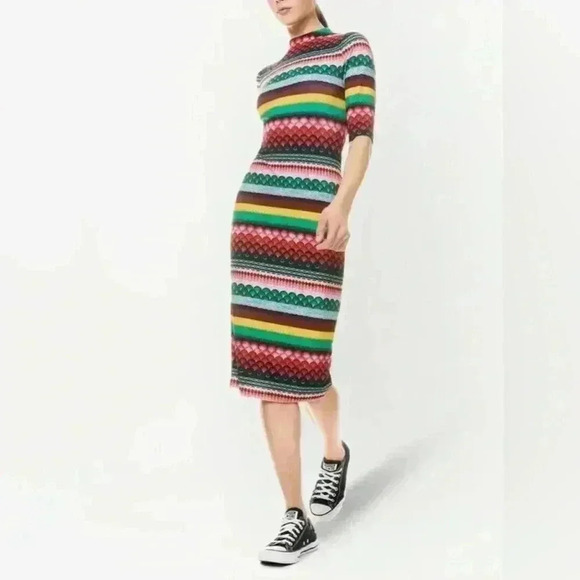 Alice + Olivia Delora Geo Fitted Bodycon Midi Dress 2 XS S Mock Neck Stripe 3/4 - Picture 7 of 11
